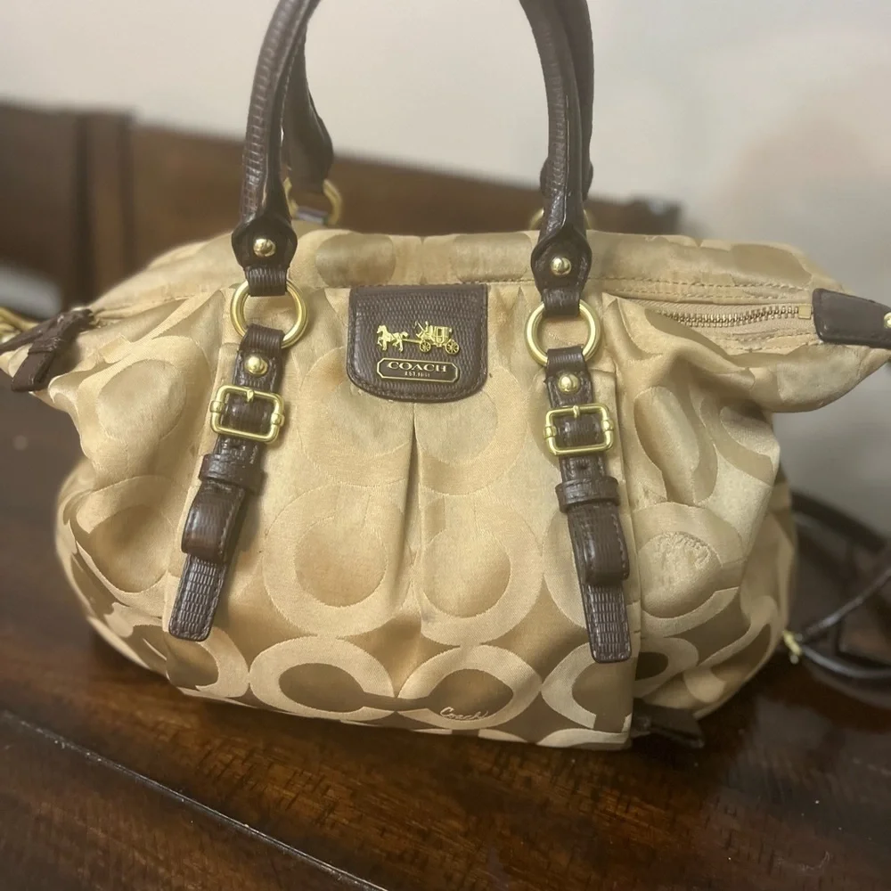 COACH Madison Audry Signature C Logo Khaki Sateen & Leather Shoulder Bag#21124